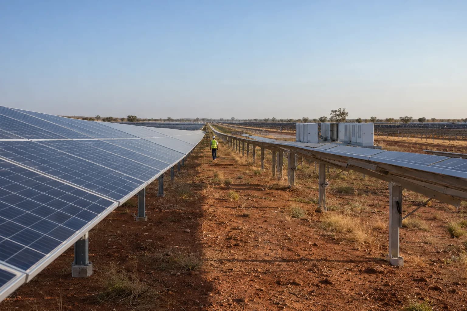 Rangées de modules photovoltaïques sur structures métalliques s’étendant jusqu’à l’horizon, un technicien en gilet haute visibilité marchant dans l’allée de service