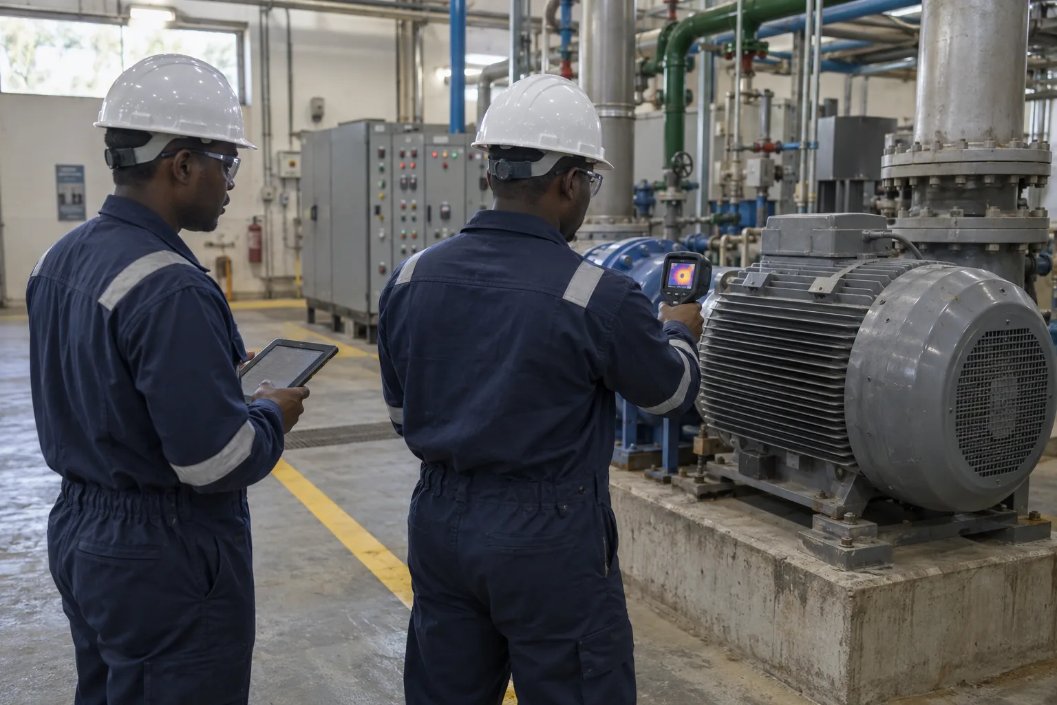 Deux techniciens en combinaison et casque inspectent un moteur électrique industriel à la caméra thermique, relevés reportés sur tablette