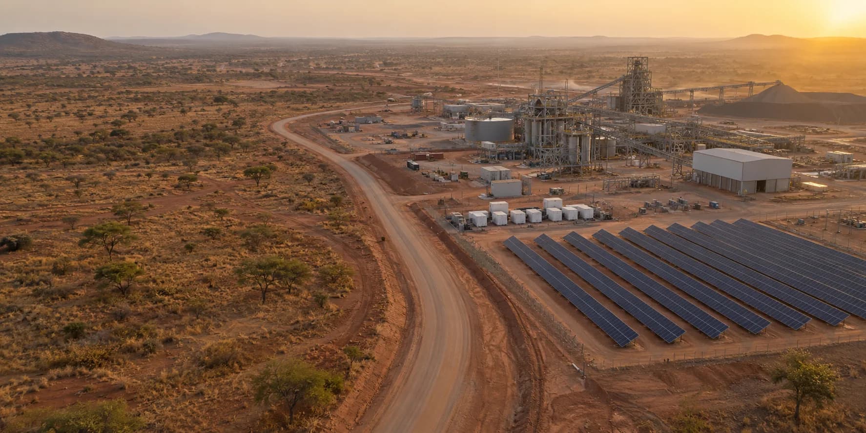 Vue aérienne d’un site industriel sahélien au coucher du soleil : usine de traitement, piste, champ solaire et conteneurs de stockage