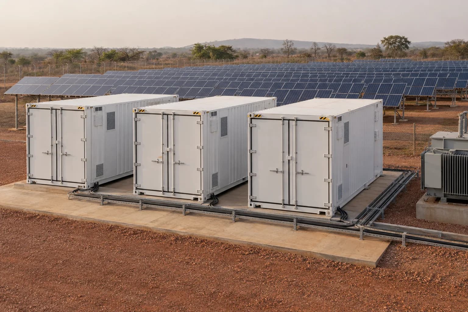 Trois conteneurs de stockage d’énergie sur dalle béton devant un champ solaire, poste de transformation à droite